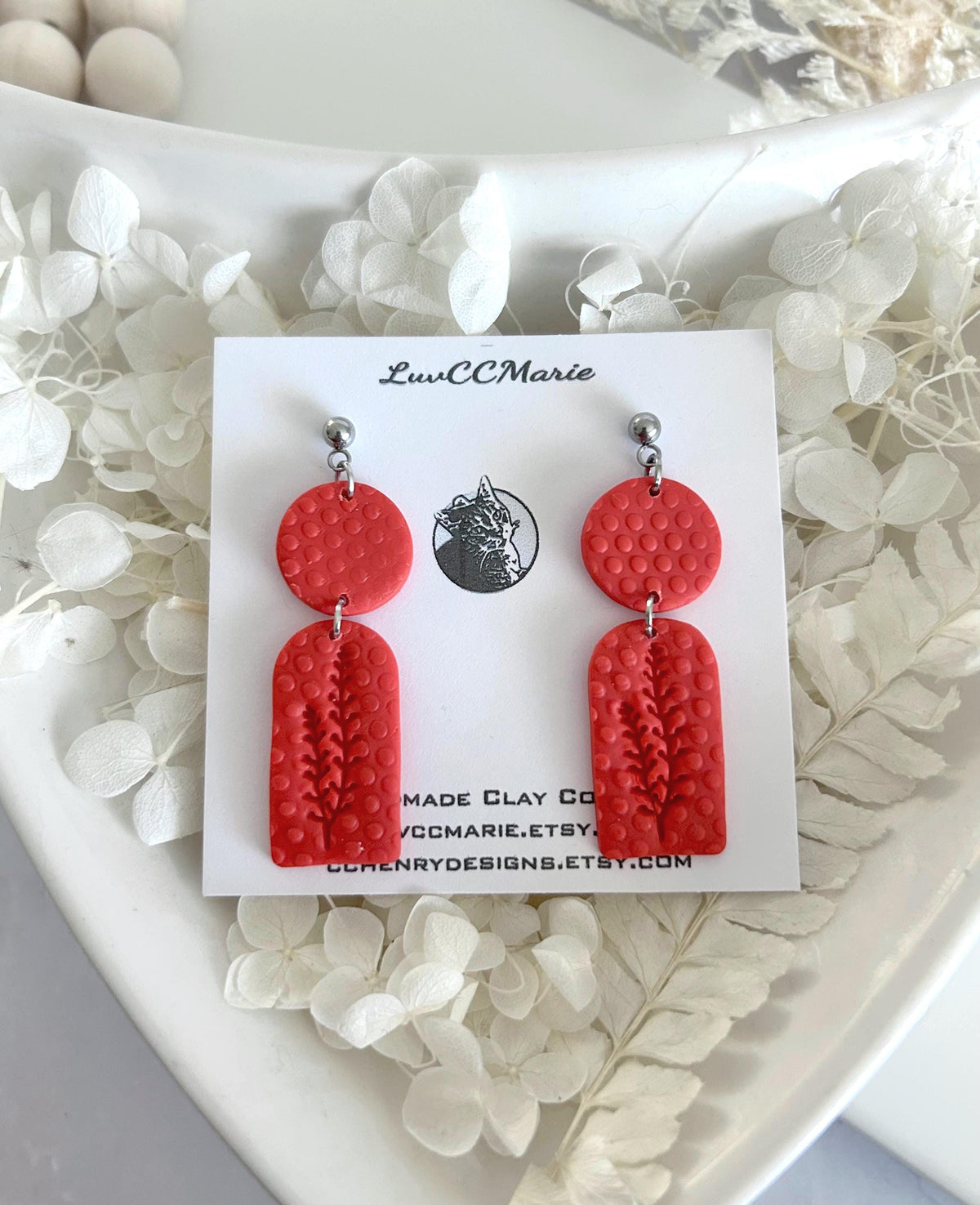 Polka Dot Botanical Clay Dangle Earrings, Handmade Art Jewelry Gift