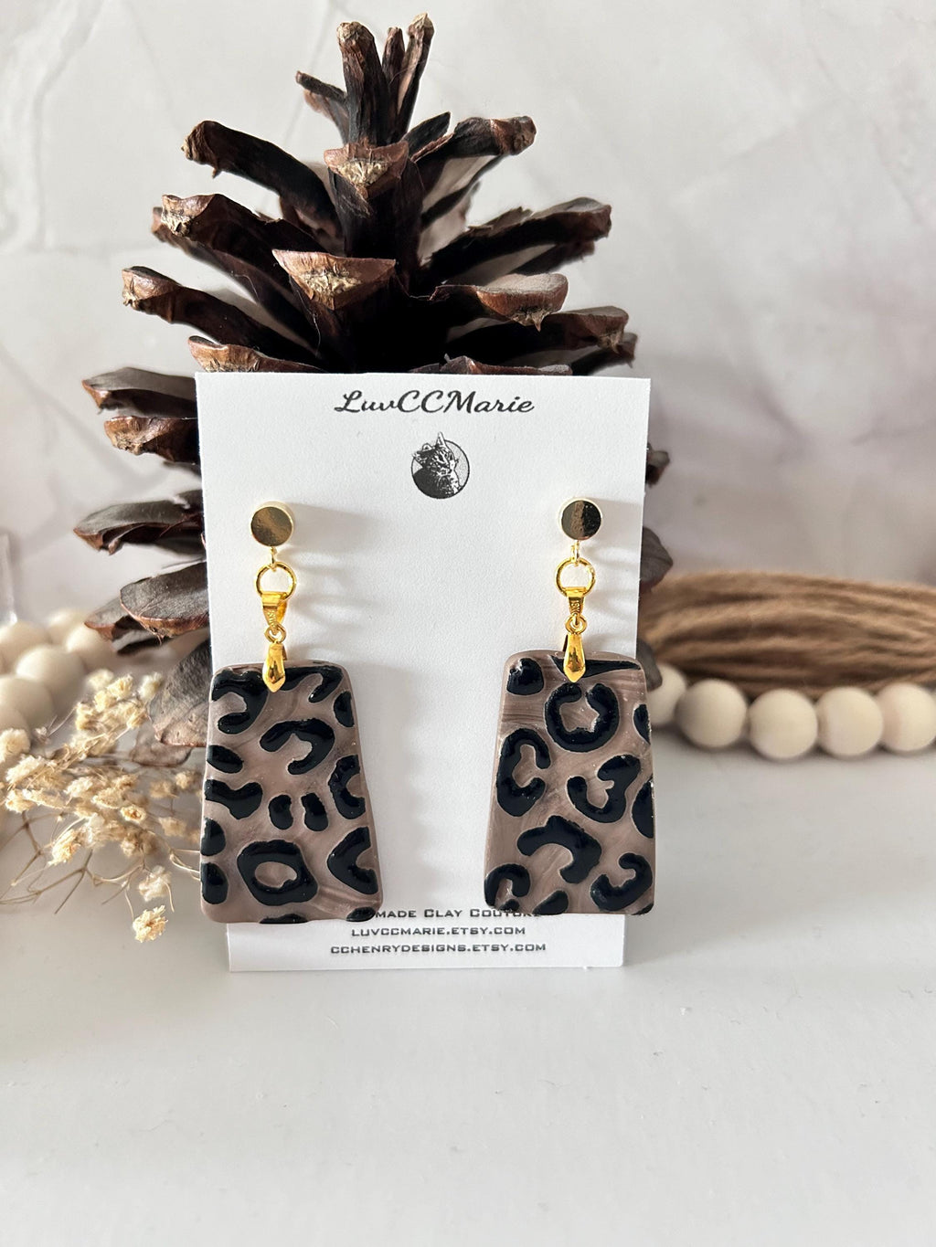 Handmade Leopard Print Earrings: Boho Polymer Clay Dangles