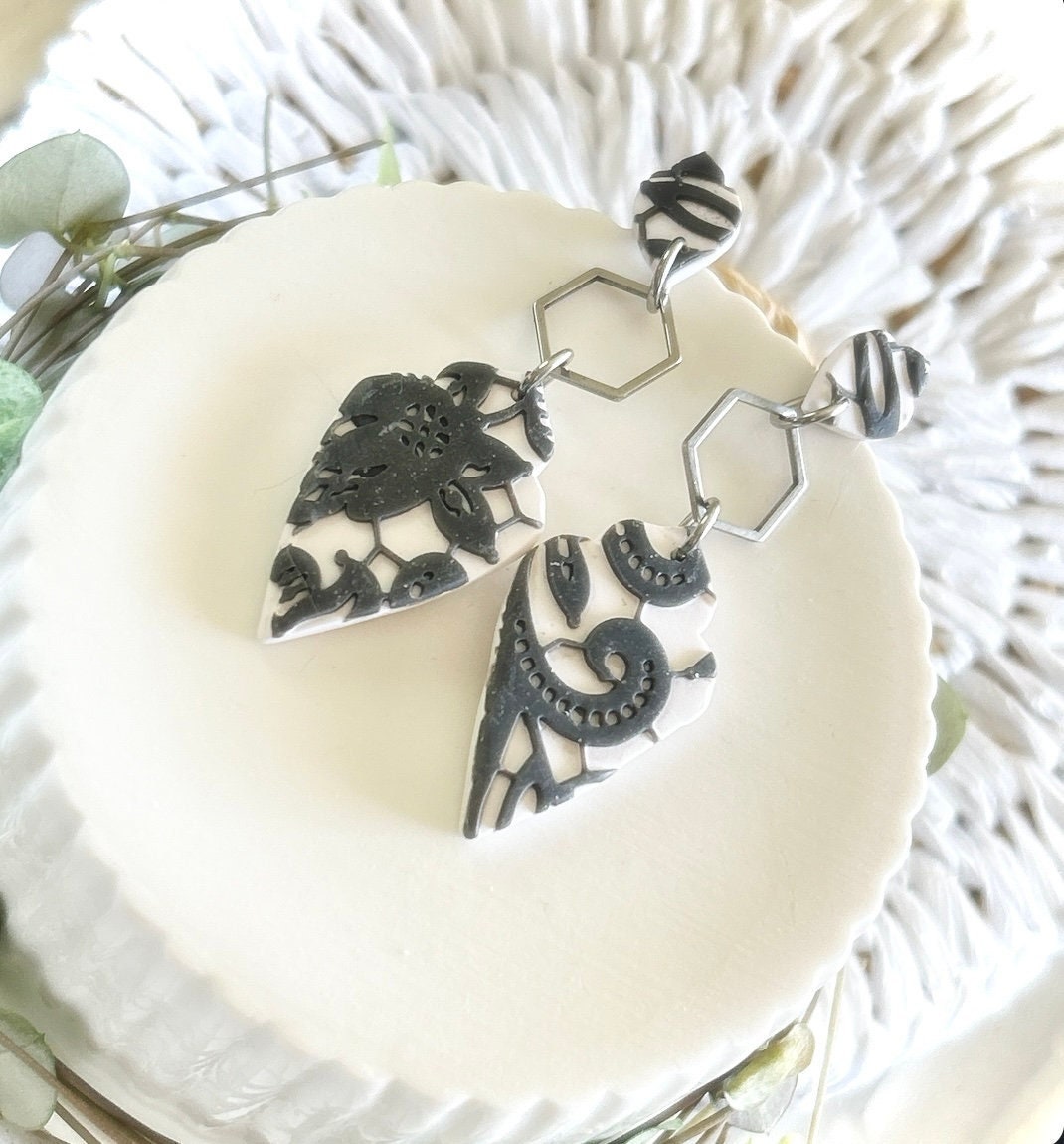 Black and White Boho Earrings, Charcoal Lace Embossed Floral Clay Dangles, Handmade Jewelry