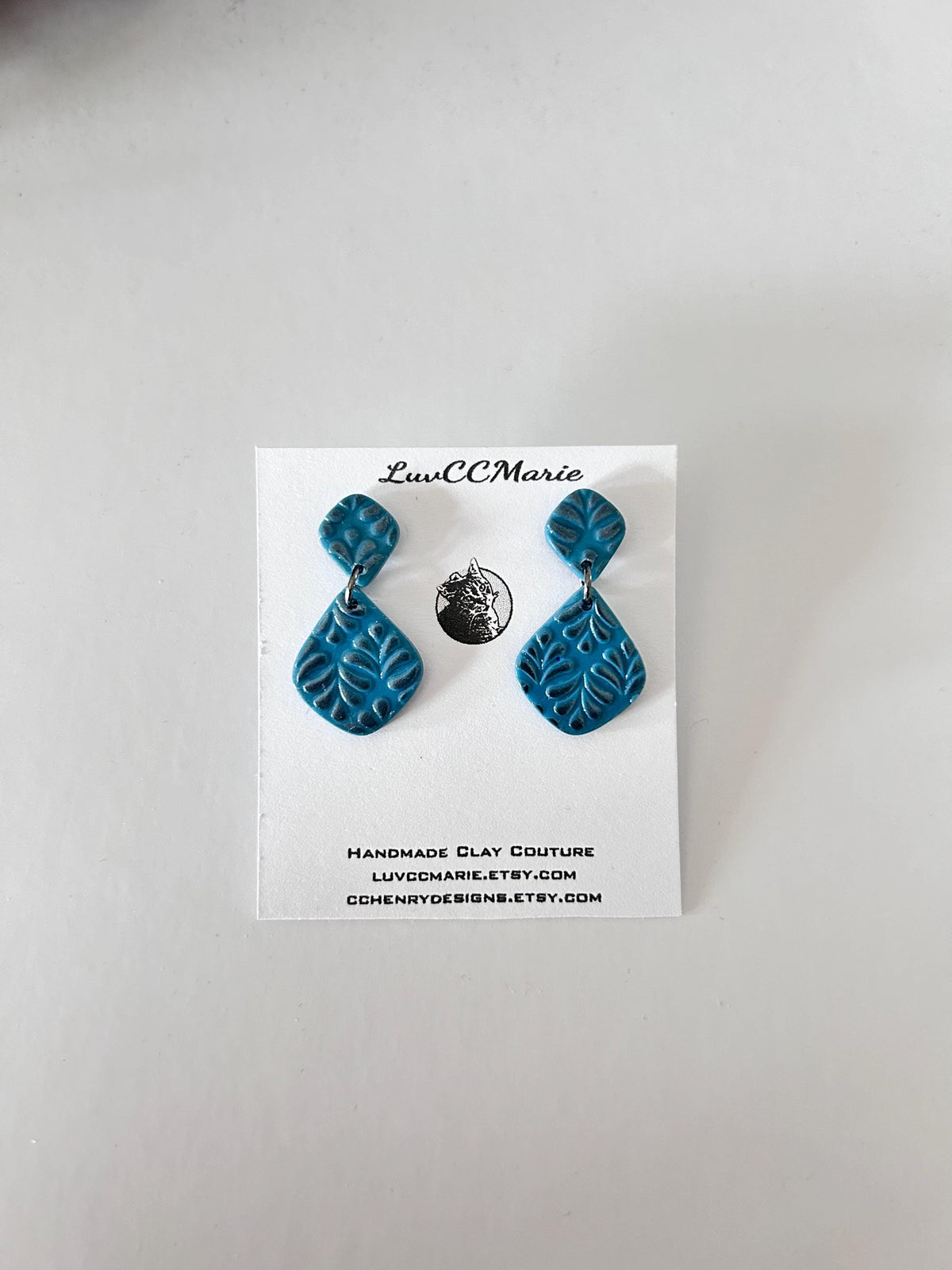Handmade Embossed Clay Earrings: Blue Gray Boho Dangles