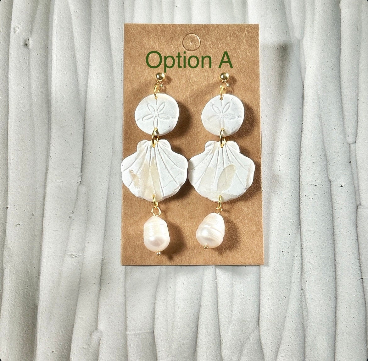 Seashell Earrings, Coastal Vacation Dangles, Beachy Sand Dollar Pearl Handmade Clay Jewelry Gift