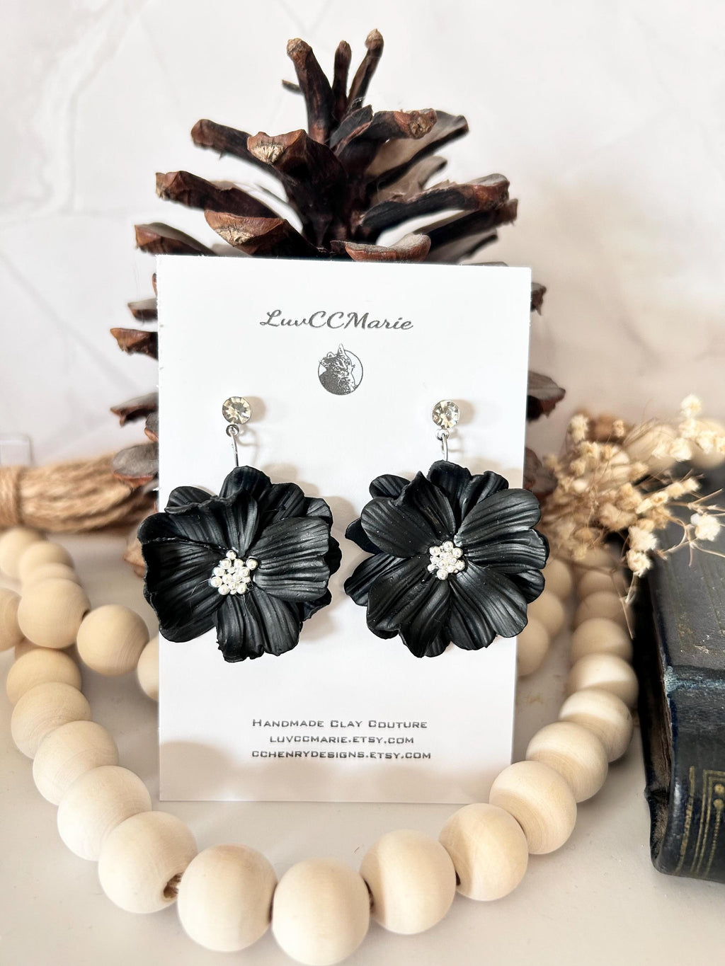 Black Dangle Flower Earrings, Big Floral Drop Dangles, Silver Rhinestone Unique Statement Jewelry Gift