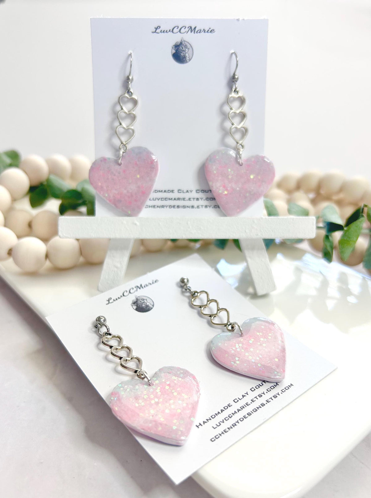 Trans Pride Heart Dangle Earrings: Holo Glitter Clay Boho Jewelry