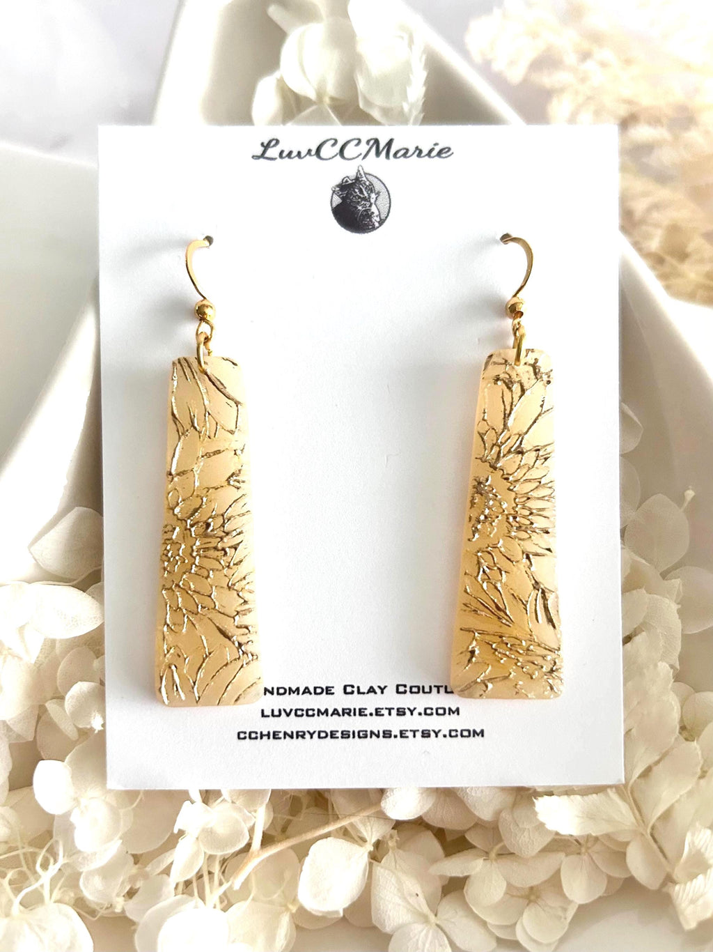 Sunflower Earrings, Bar Dangles, Gold and Cream, Handmade Lightweight Hypoallergenic Jewelry