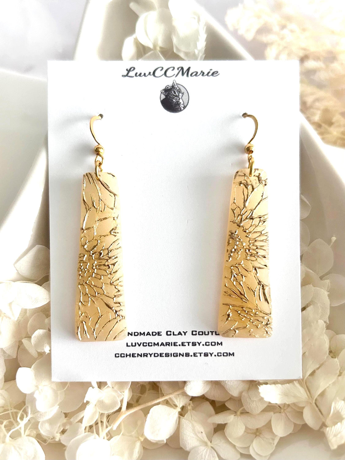 Sunflower Earrings, Bar Dangles, Gold and Cream, Handmade Lightweight Hypoallergenic Jewelry