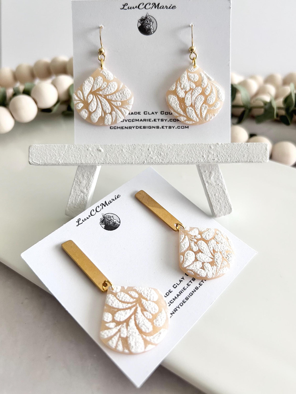 Nude and White Matisse Floral Dangle Earrings, Gold Lightweight Drop Dangles