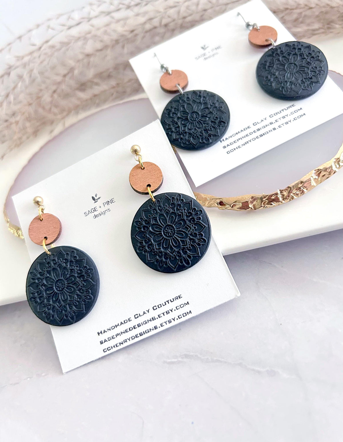 Matte Black Mandala Dangle Clay Earrings, Lightweight Wood Hypoallergenic Dangles, Modern Minimalist