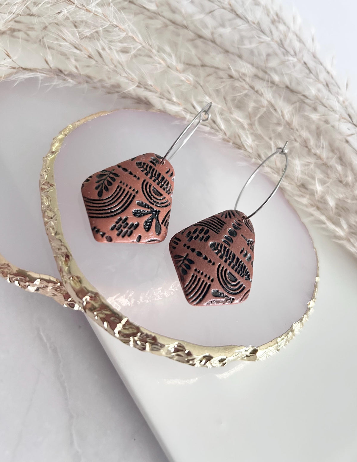 Brown & Black Boho Earrings, Embossed Folk Dangles, Clay Wood Faux Leather Fall Terracotta Mexican