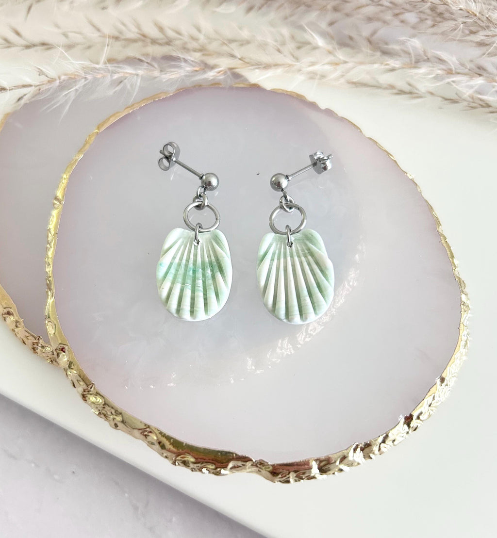 Clay Seashell Earrings, Peachy Coral and White Shell Dangles, Coastal Vacation Dangles Beach Jewelry