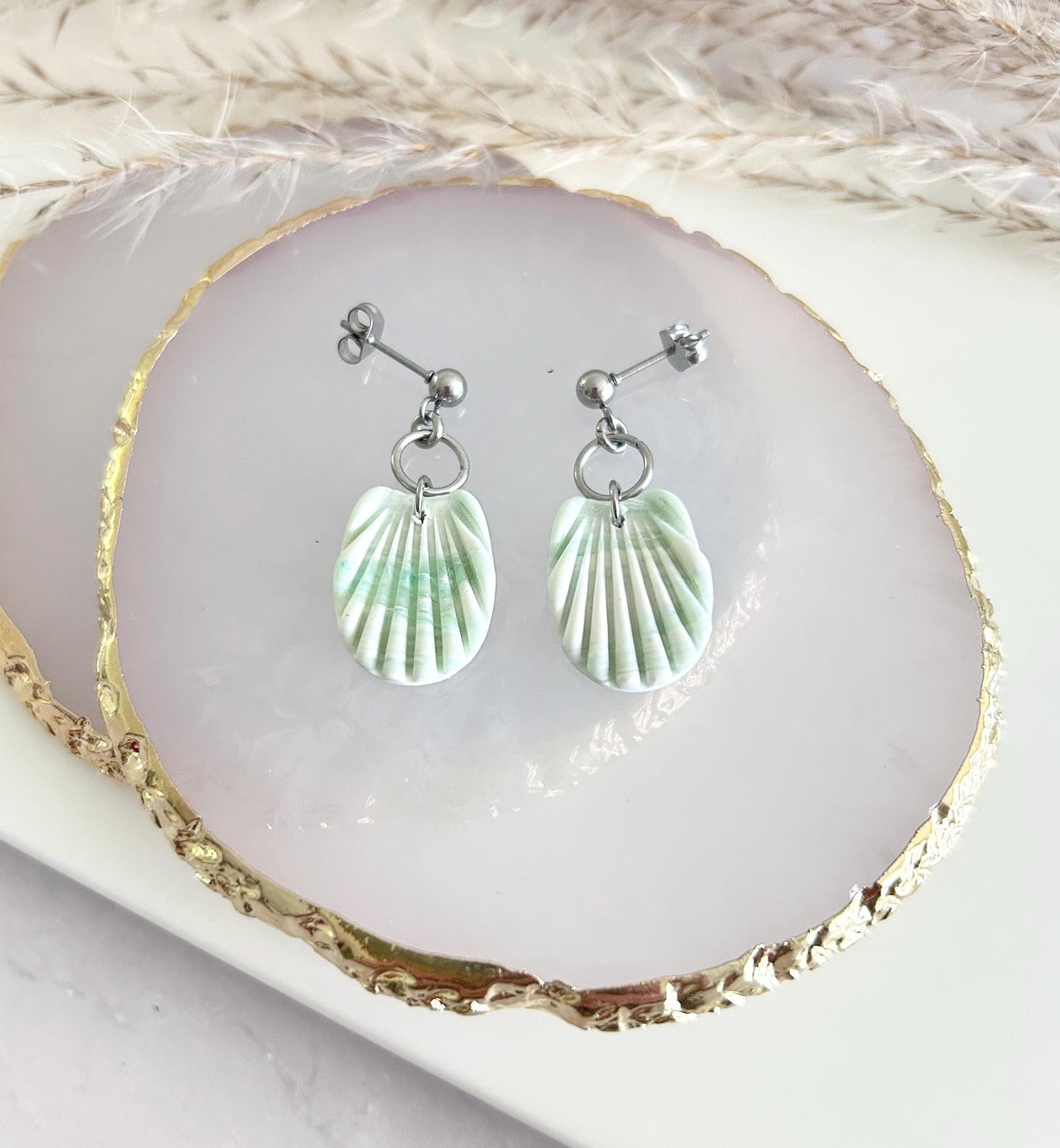 Clay Seashell Earrings, Peachy Coral and White Shell Dangles, Coastal Vacation Dangles Beach Jewelry