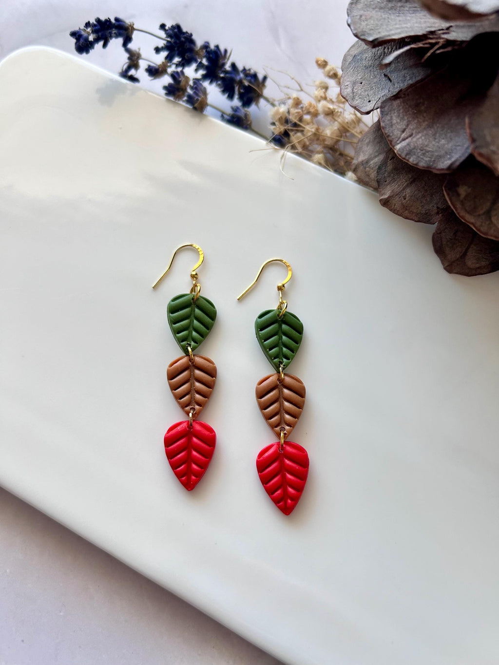 Leaf Earrings, Olive Green, Bright Red, Mustard Yellow, Handmade Clay Boho Fall Jewelry Gift