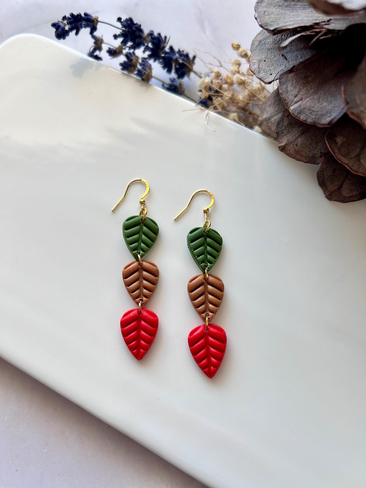 Leaf Earrings, Olive Green, Bright Red, Mustard Yellow, Handmade Clay Boho Fall Jewelry Gift