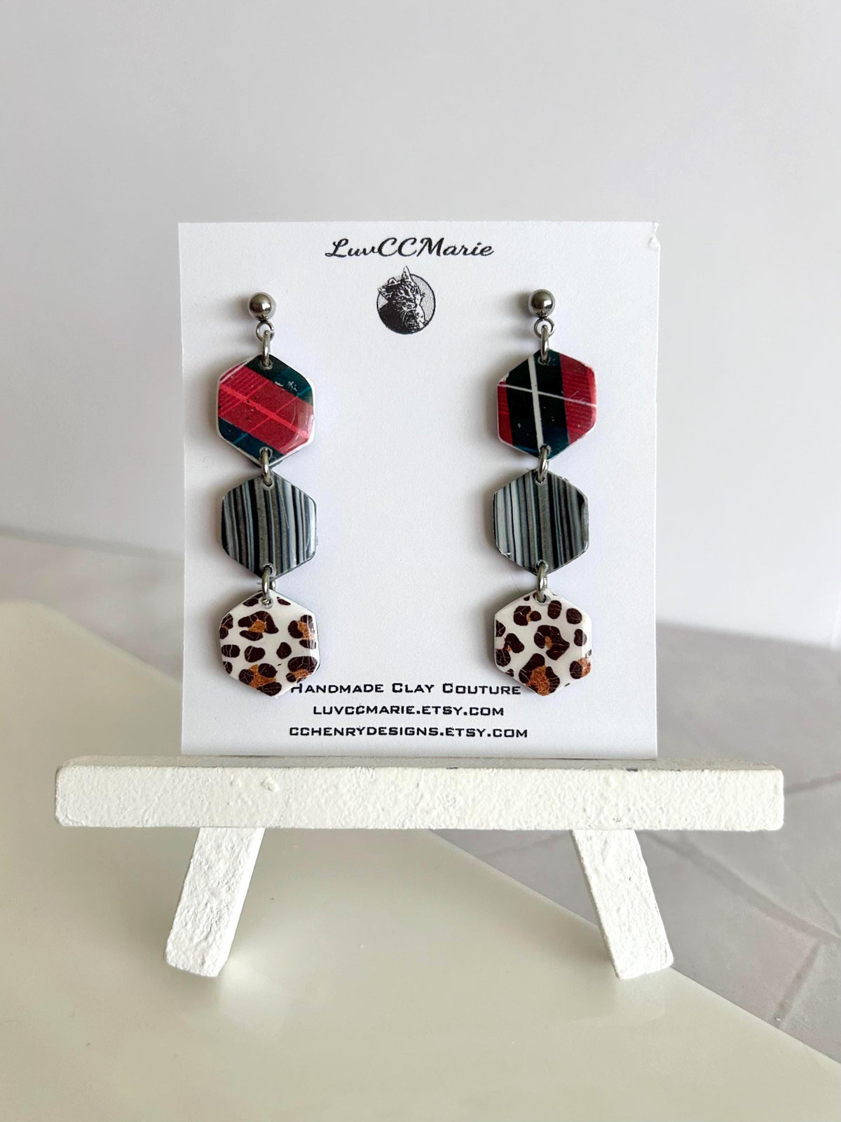 Cheetah Print Plaid Hexagon Daisy Chain Dangle Earrings: Handmade Boho Statement Clay Jewelry
