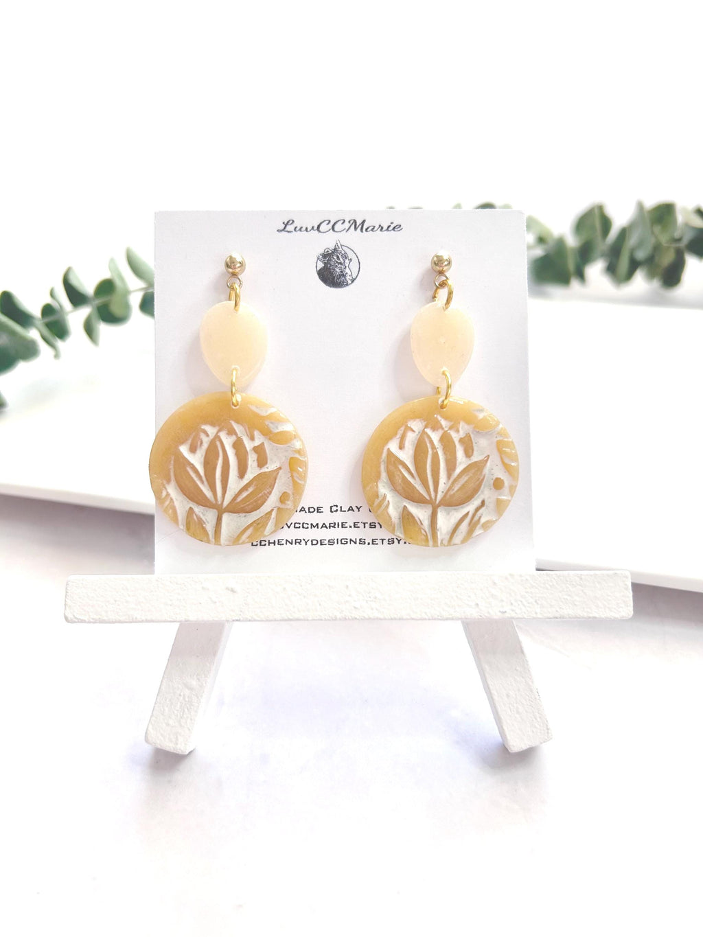 Tulip Earrings, Nude and White, Spring Floral Flower Dangles