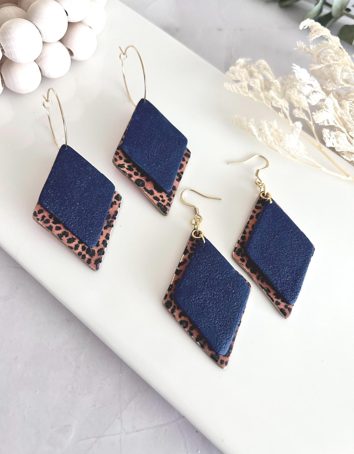 Navy Blue Leopard Print Hoop Earrings, Clay Dangles, Handmade Hypoallergenic Surgical Stainless Steel