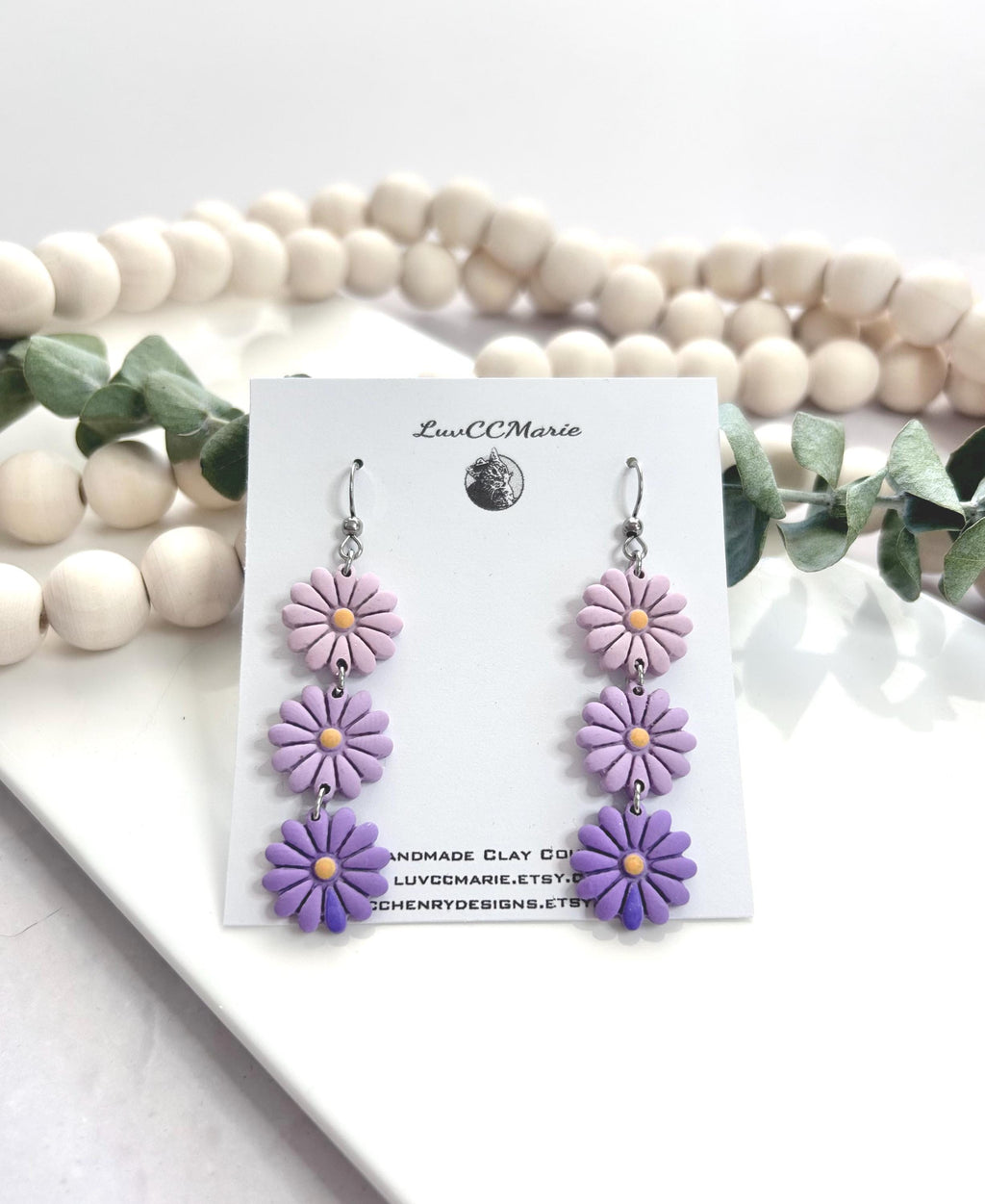 Handmade Purple Daisy Dangle Earrings: Kawaii Clay Floral Boho Jewelry