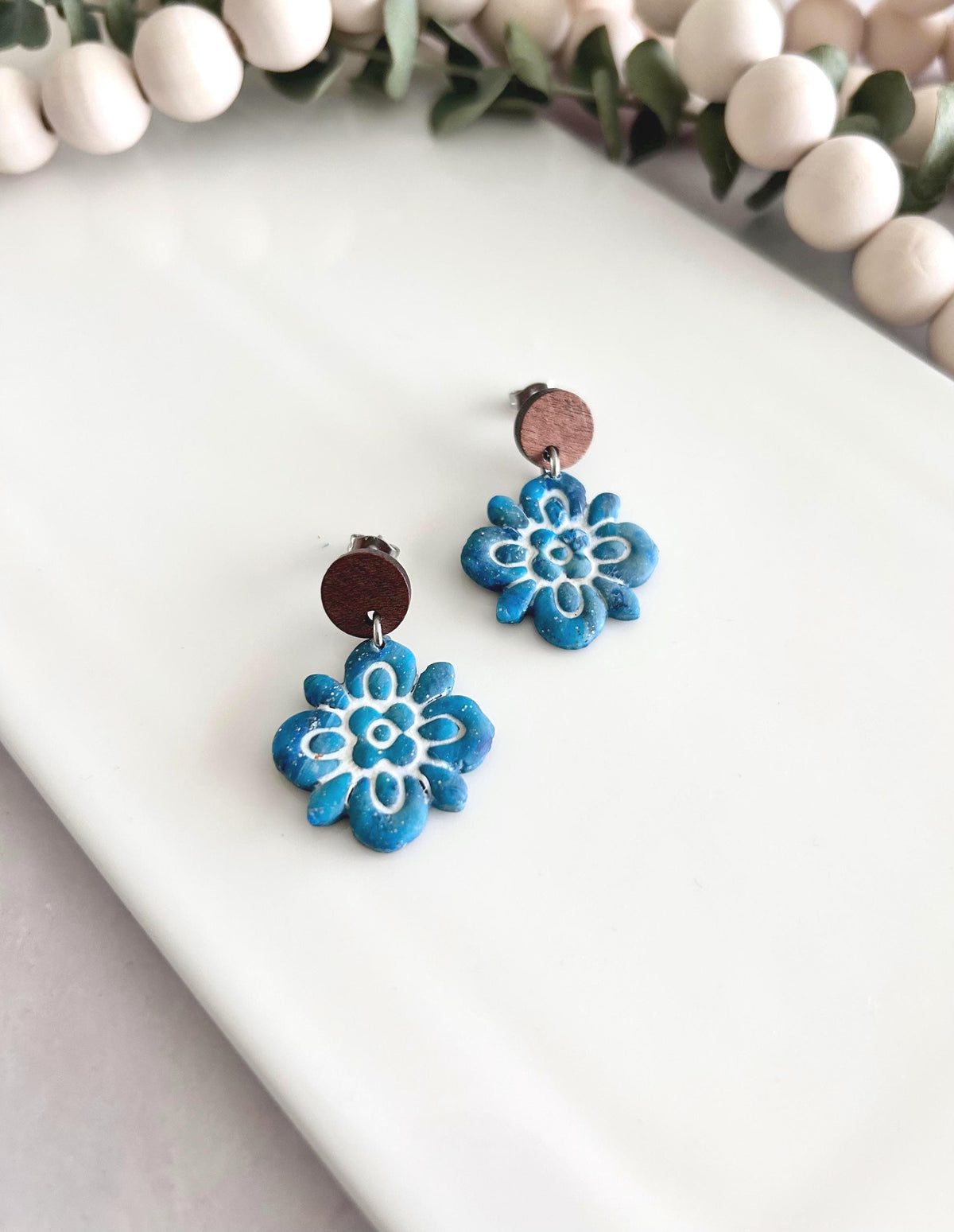 Teal & White Santorini Tile Clay Earrings, Boho Flower Mediterranean Dangles