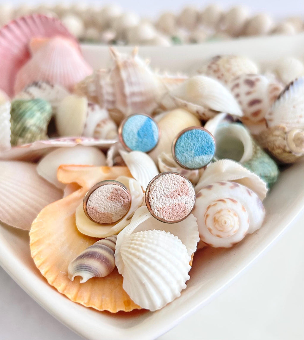Beige and Blue Terrazzo Clay Stud Earrings Set, Beachy Coastal Vacation Studs, Handmade Jewelry