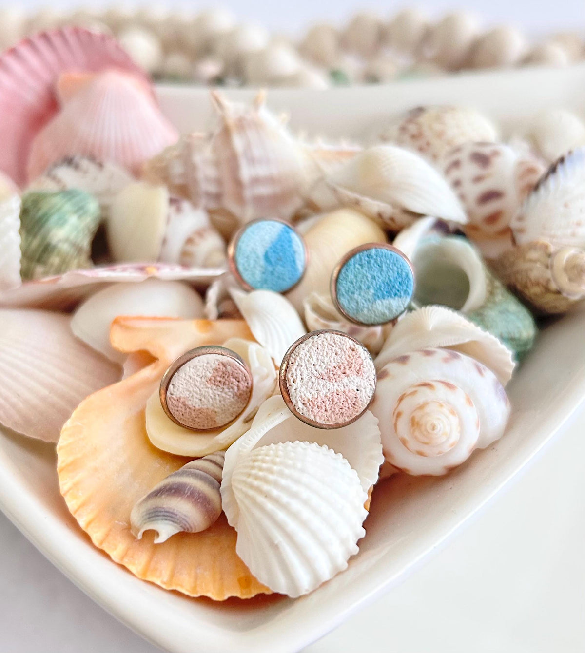 Beige and Blue Terrazzo Clay Stud Earrings Set, Beachy Coastal Vacation Studs, Handmade Jewelry