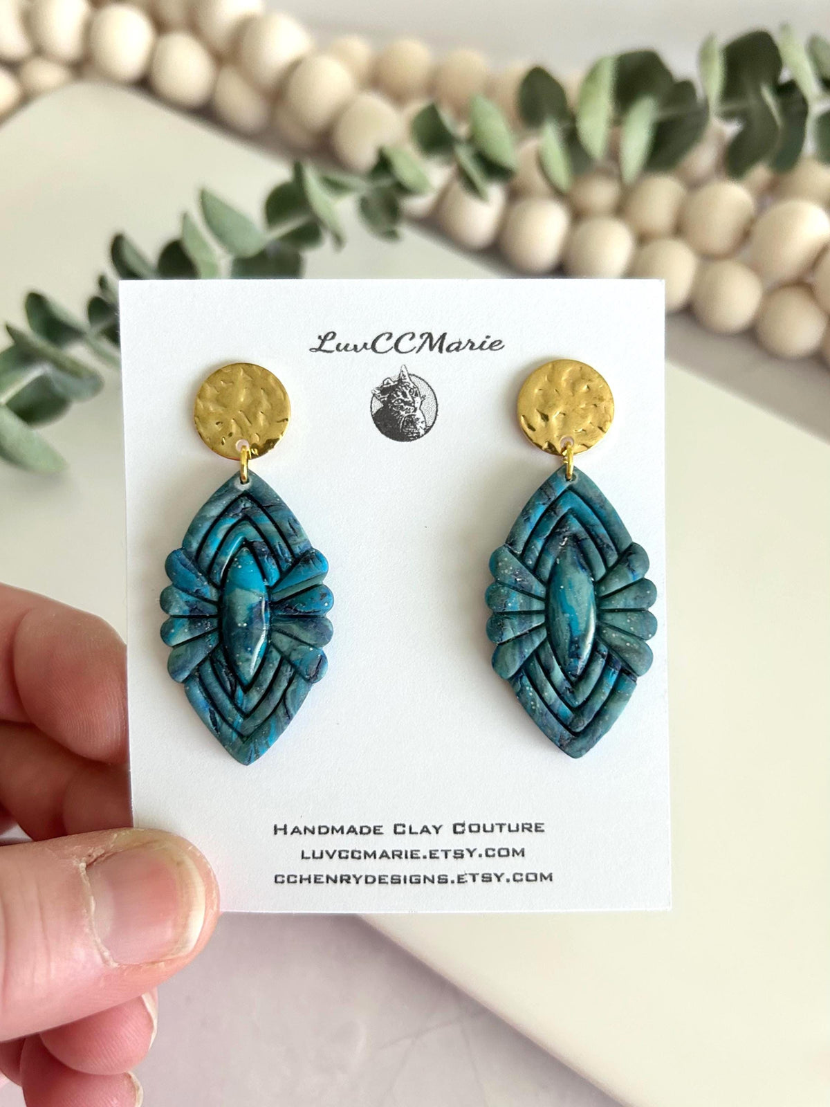 Teal Dangle Earrings, Boho Dangles, Blue and Gold Handmade Clay Unique Jewelry