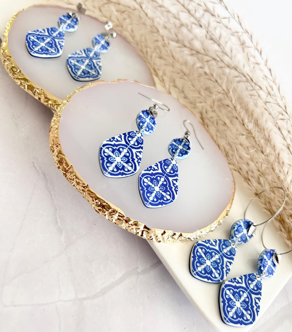 Santorini Earrings, Cobalt Blue Tile Dangles, Handmade Clay Boho Jewelry