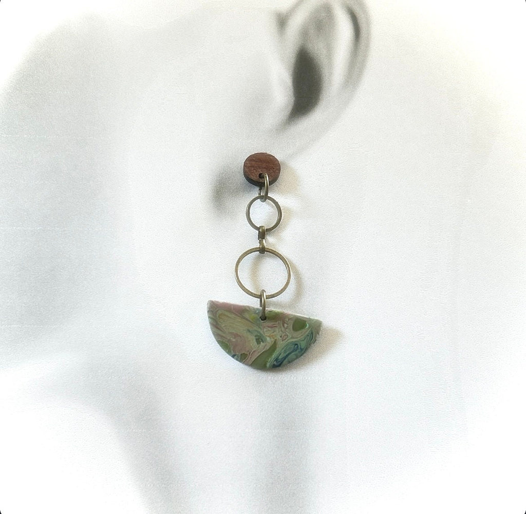 Pink and Olive Dangle Earrings, Extra Long Boho Dangles, Bronze, Clay & Wood