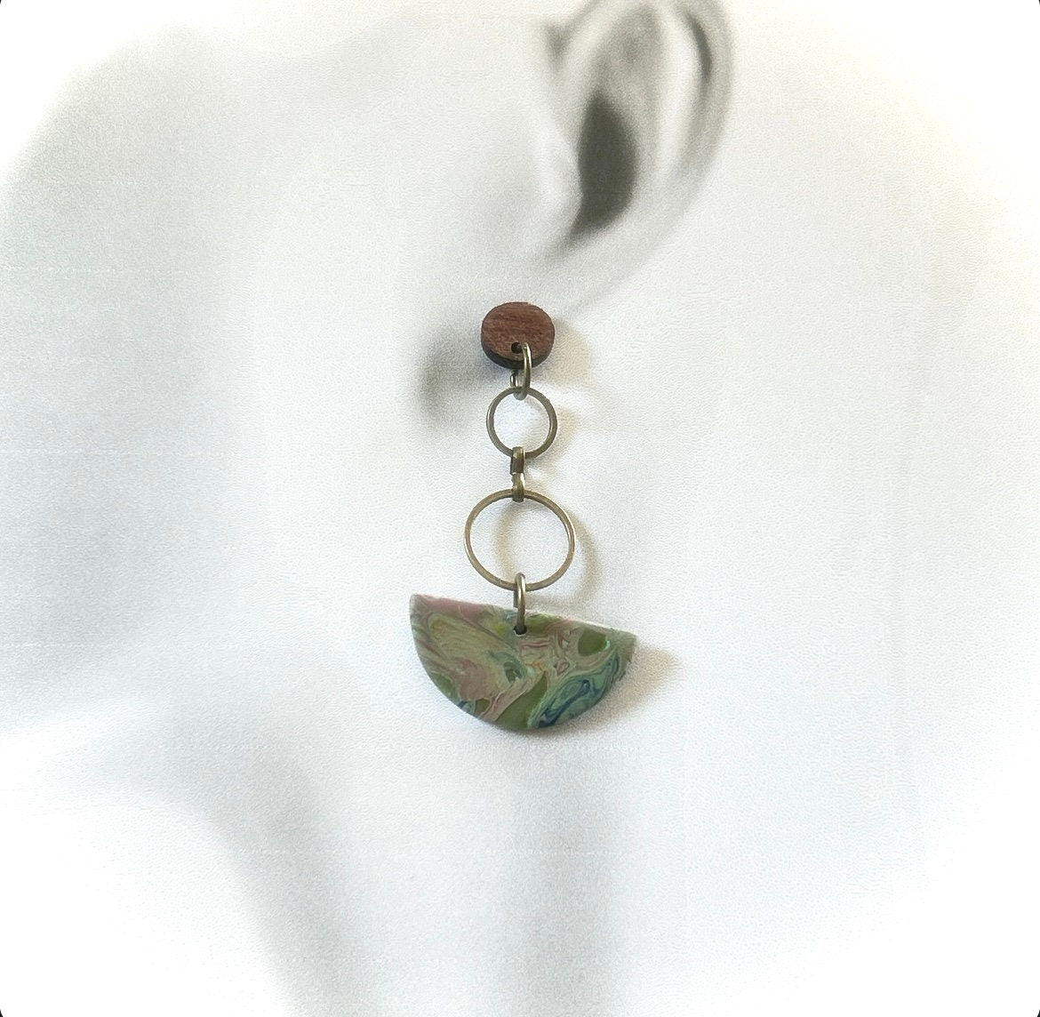 Pink and Olive Dangle Earrings, Extra Long Boho Dangles, Bronze, Clay & Wood