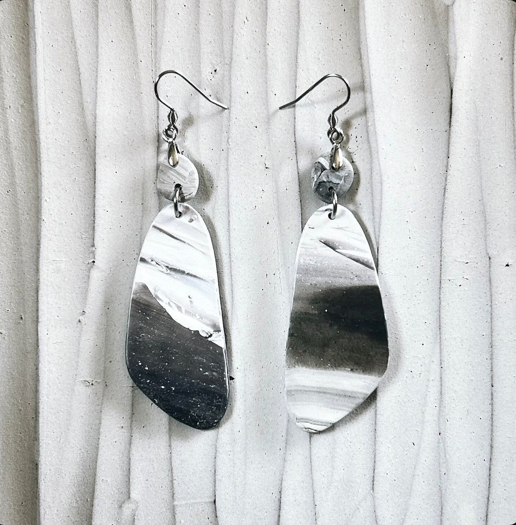 Marbled Clay Dangle Earrings: Gray Black White Boho Jewelry
