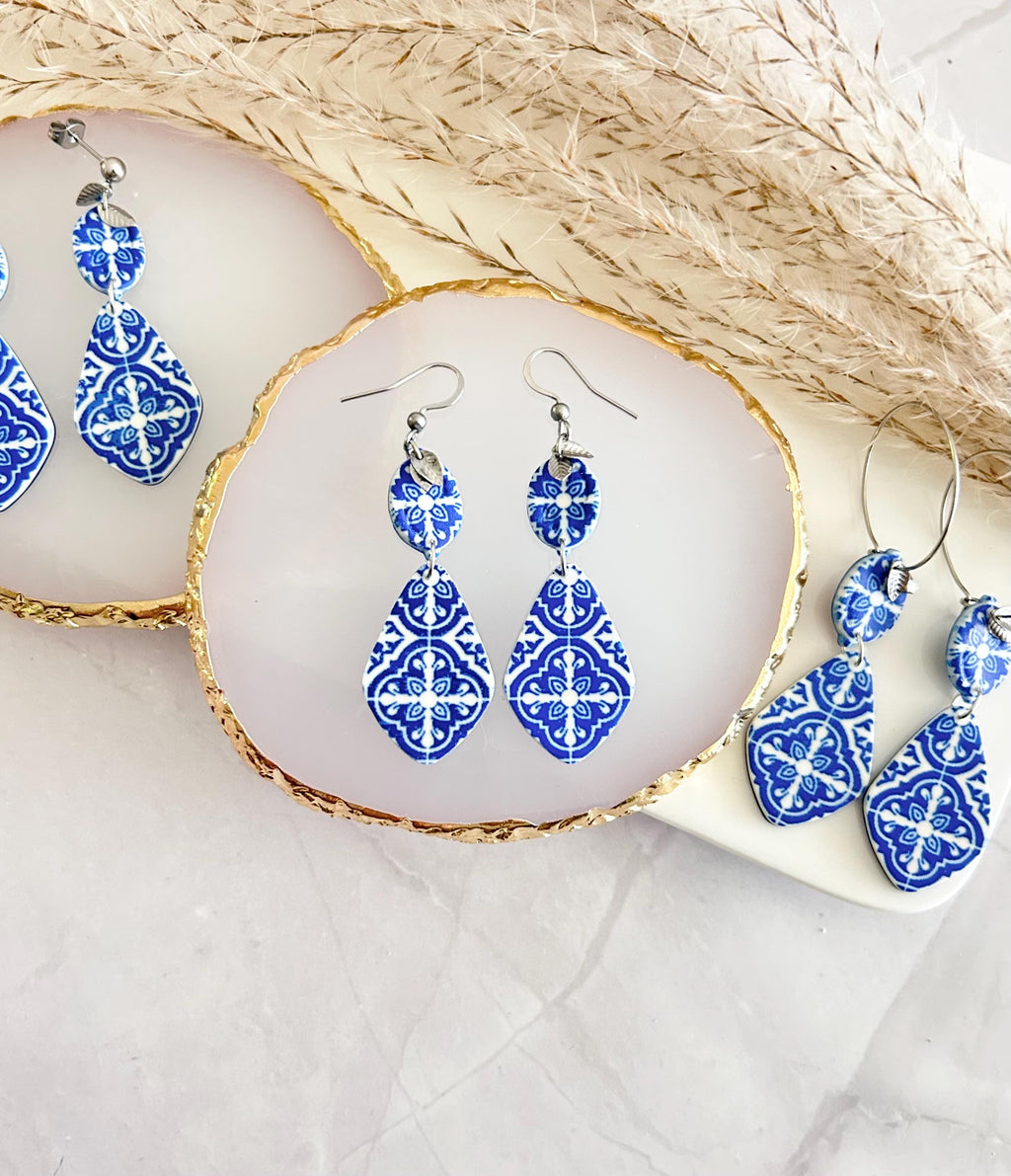 Santorini Earrings, Cobalt Blue Tile Dangles, Handmade Clay Boho Jewelry