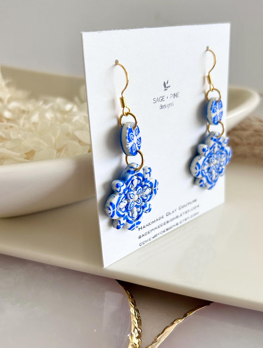 Blue & White Santorini Tile Clay Earrings, Flower Drop Dangles, Athens Jewelry Mediterranean Gift