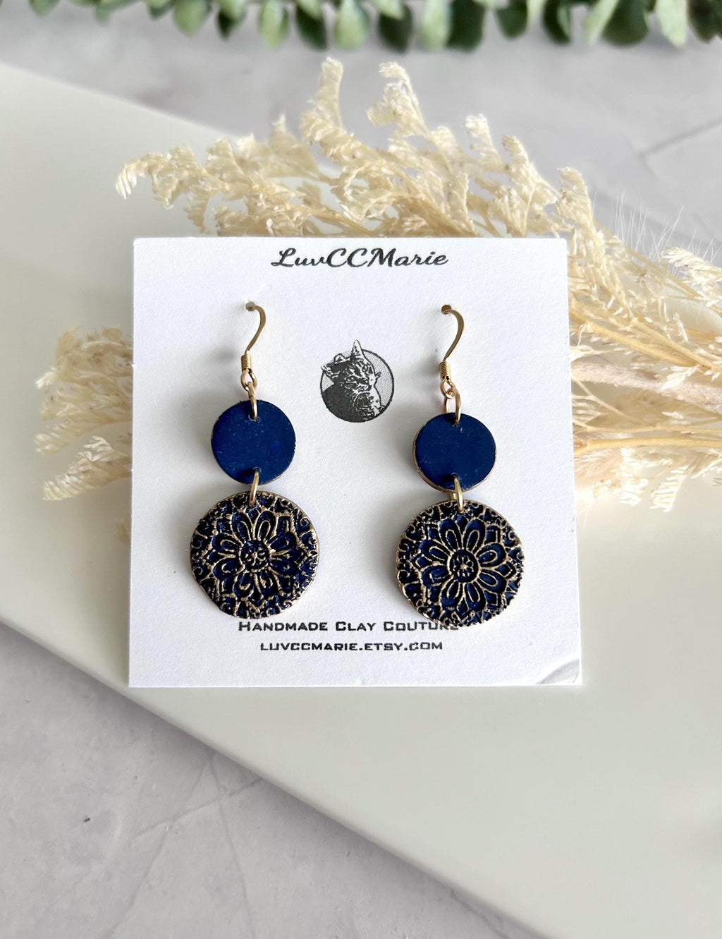 Dark Navy Blue Clay Earrings, Gold Mandala Embossed Dangles, Handmade Fashion Boho Jewelry
