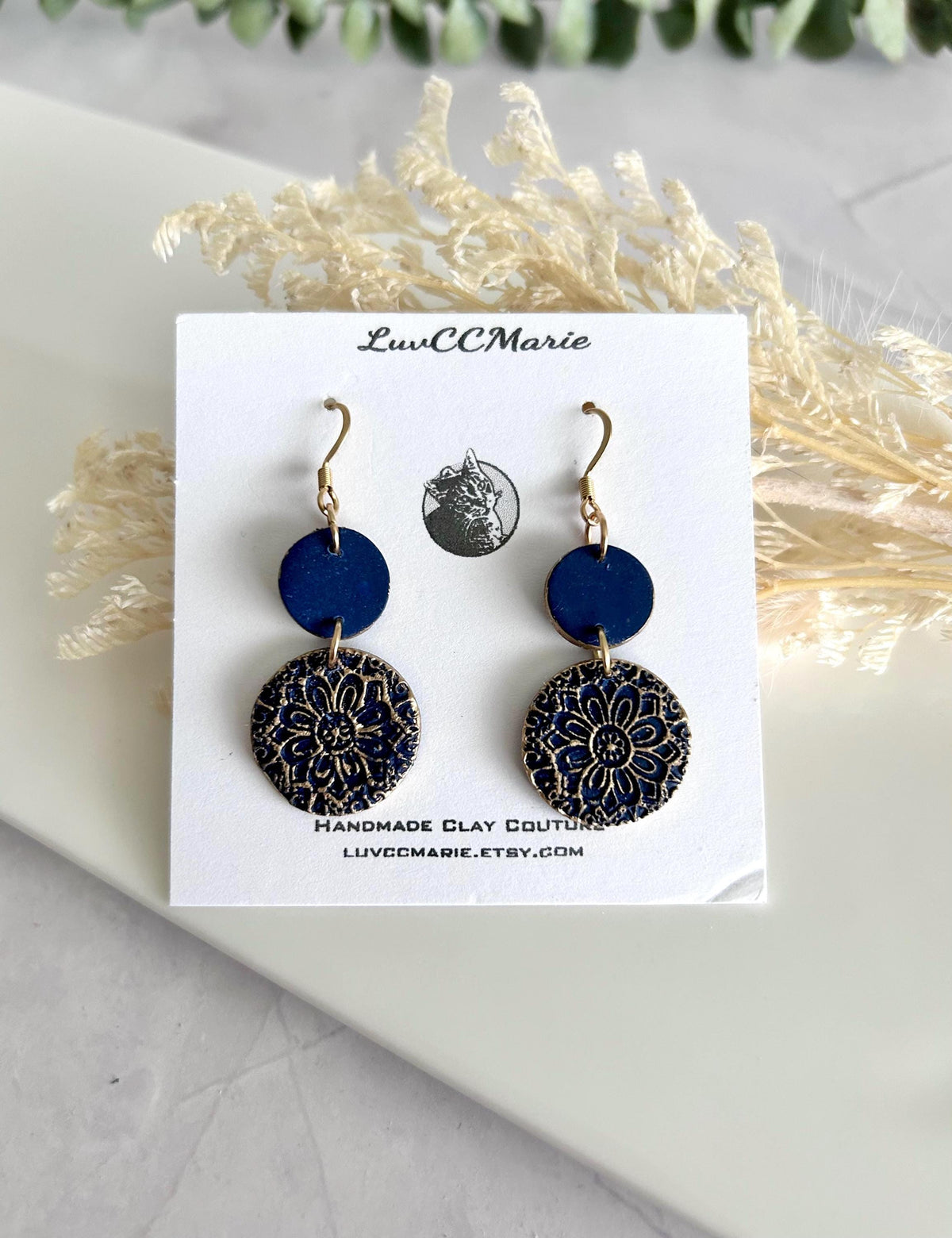 Dark Navy Blue Clay Earrings, Gold Mandala Embossed Dangles, Handmade Fashion Boho Jewelry