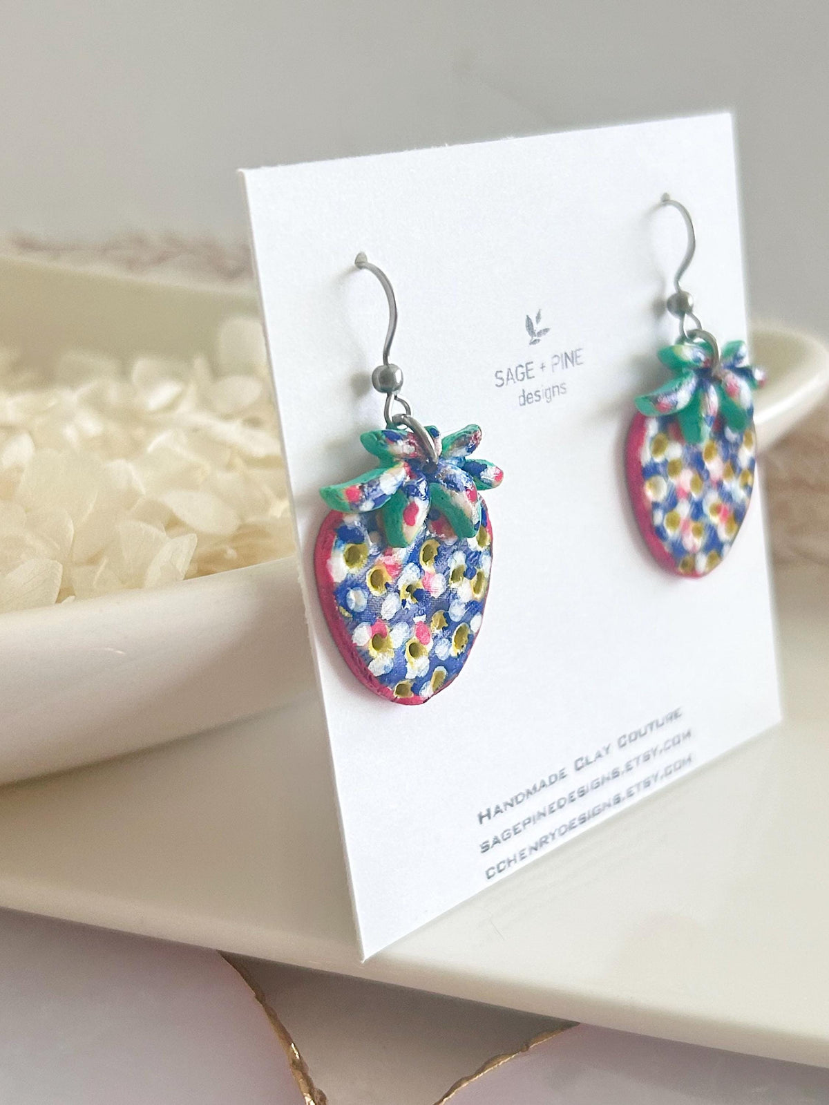 Strawberry Earrings, Clay Dangles, Red White Blue