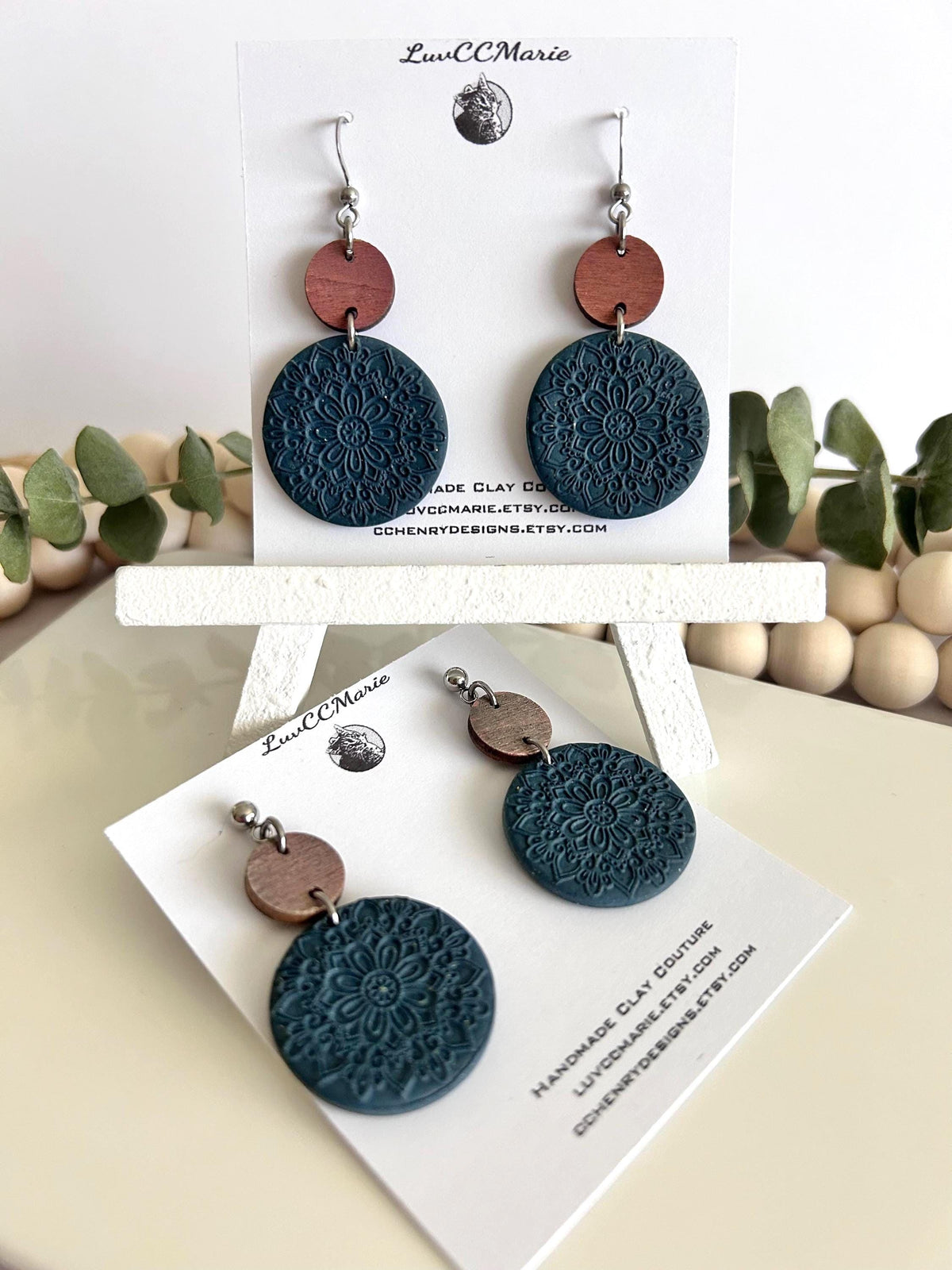 Dark Blue Clay Earrings, Round Mandala Embossed Dangles, Handmade Fashion Boho Jewelry