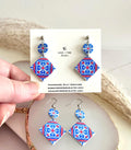 Cobalt Blue Tile 4th of July Earrings, Greek Dangles, Handmade Boho Clay Jewelry