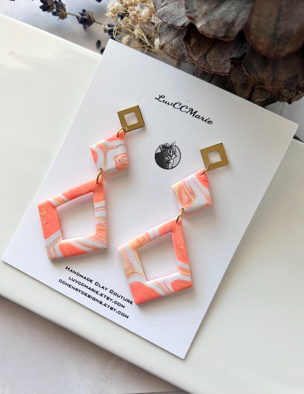 Coral Statement Dangle Earrings, Geometric Dangles, Handmade Lightweight Boho Jewelry