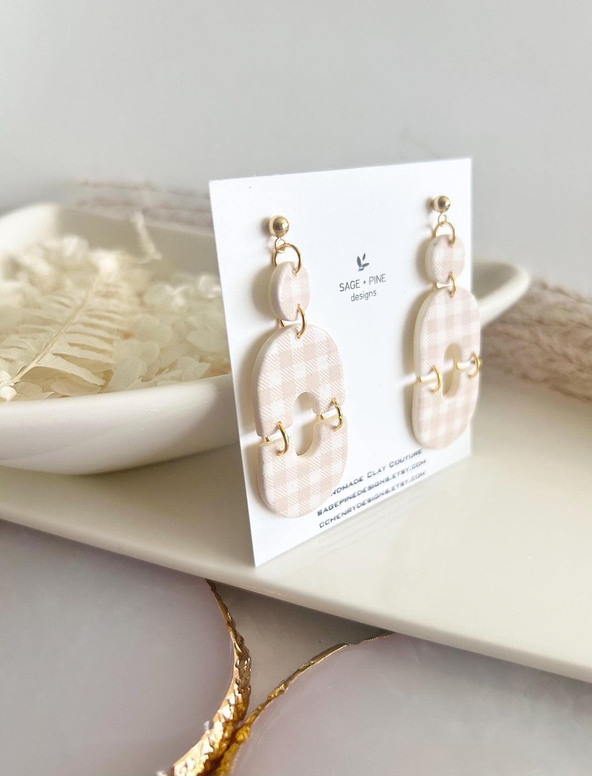 Handmade Gingham Clay Earrings, Boho Beige and White Checkered Dangles