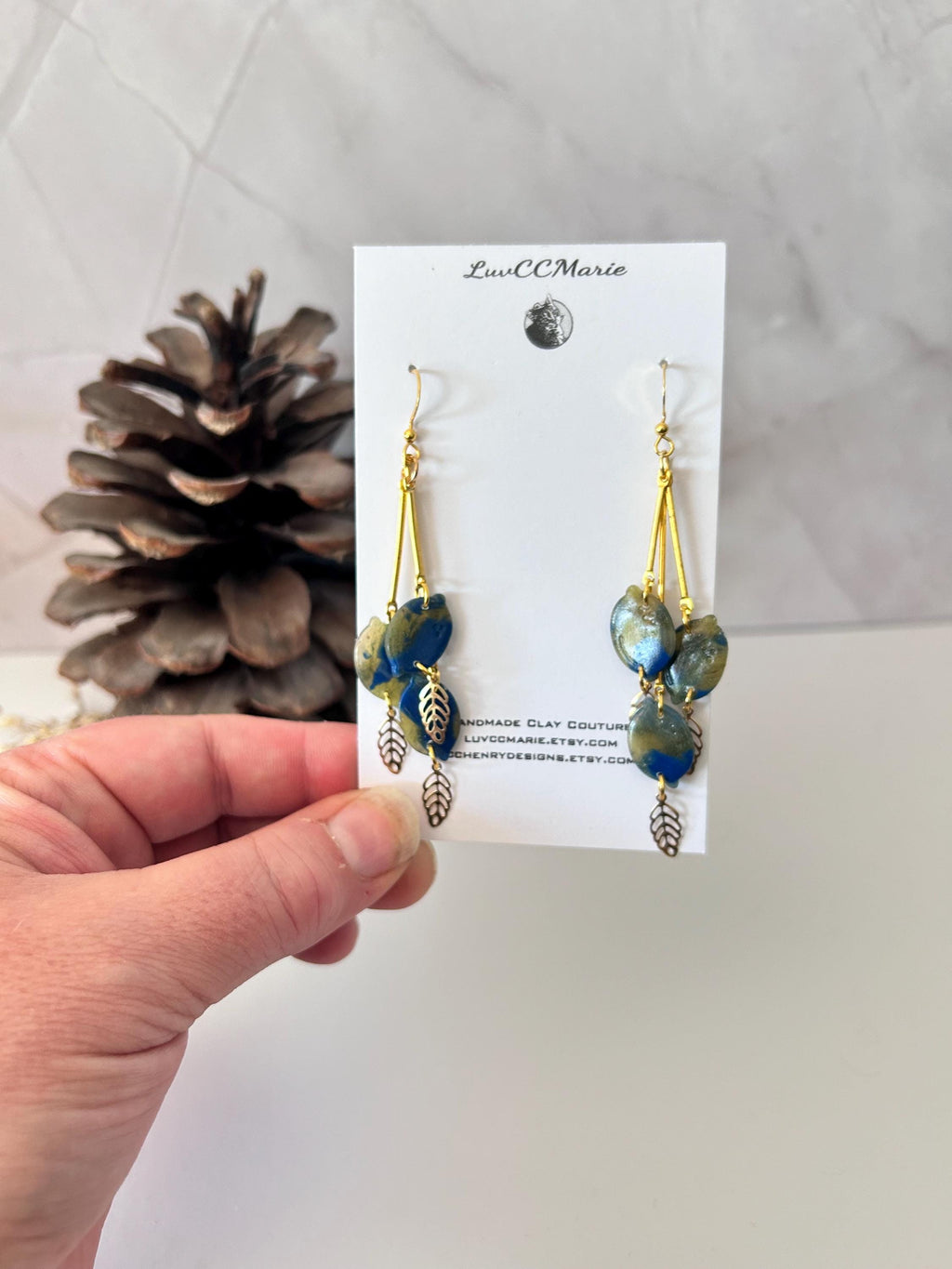 Navy Blue Dangle Earrings, Lemon Bar Clay Dangles, Gold Leaf Fall Earrings, Boho Jewelry