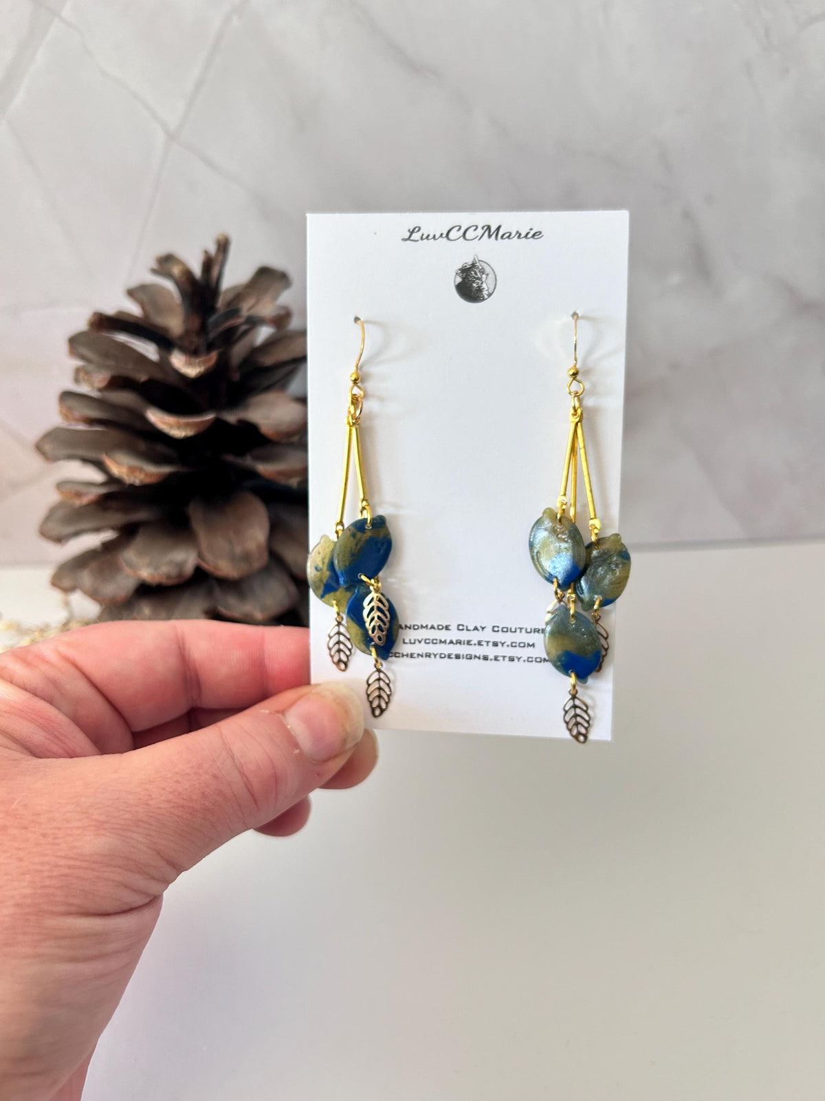 Navy Blue Dangle Earrings, Lemon Bar Clay Dangles, Gold Leaf Fall Earrings, Boho Jewelry