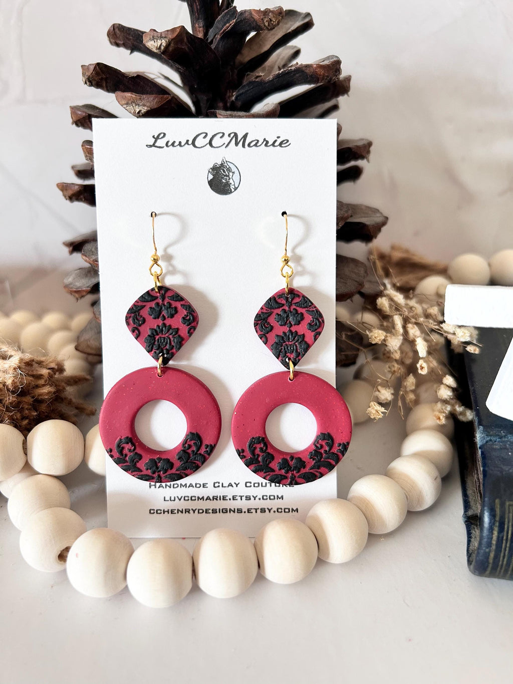 Red and Black Pearl Earrings, Elegant Dangles, Damask Floral Drops, Lightweight Clay Statement Jewelry