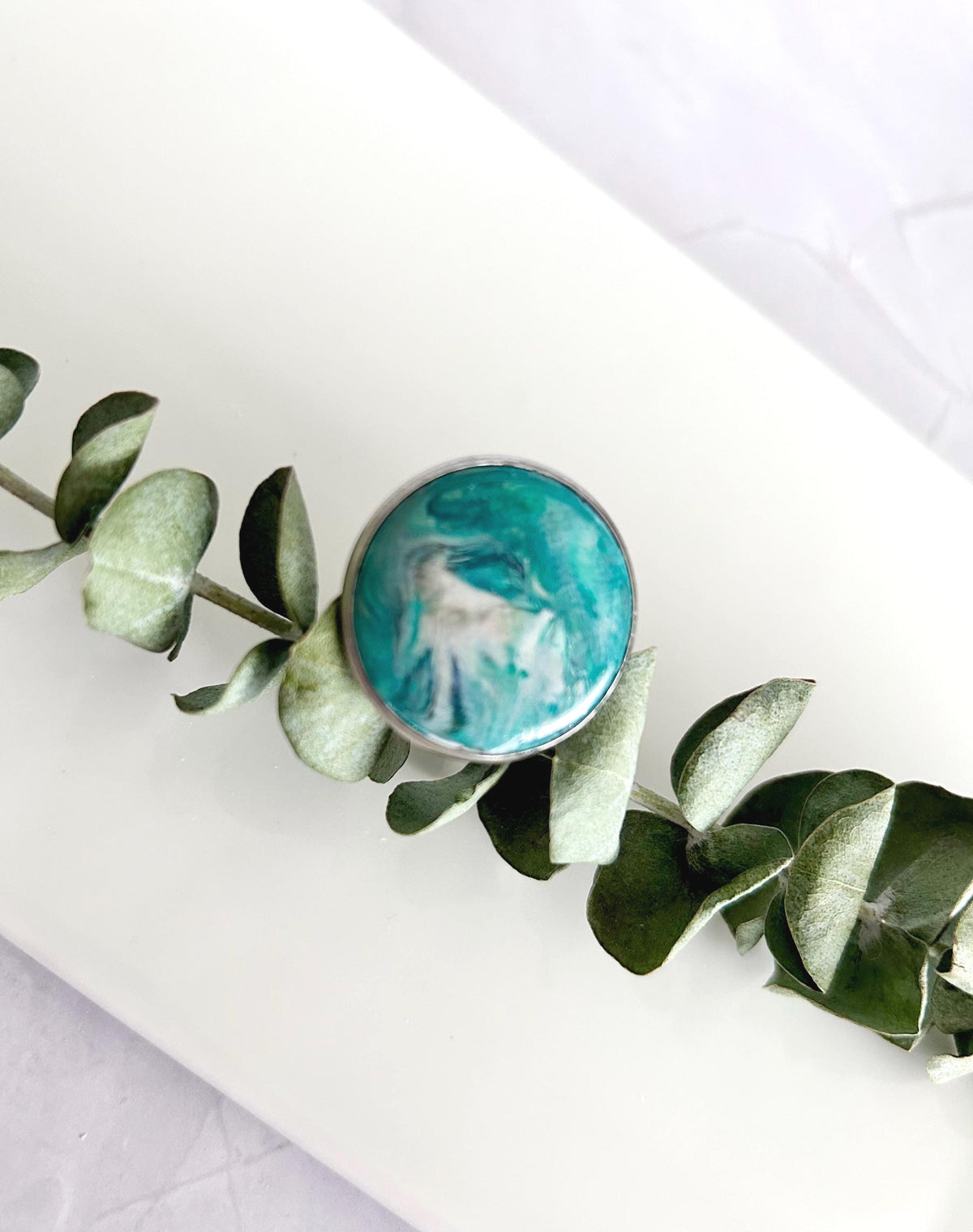 Green Faux Malachite Stone Polymer Clay Ring, Stainless Steel Adjustable Band, Handmade Jewelry