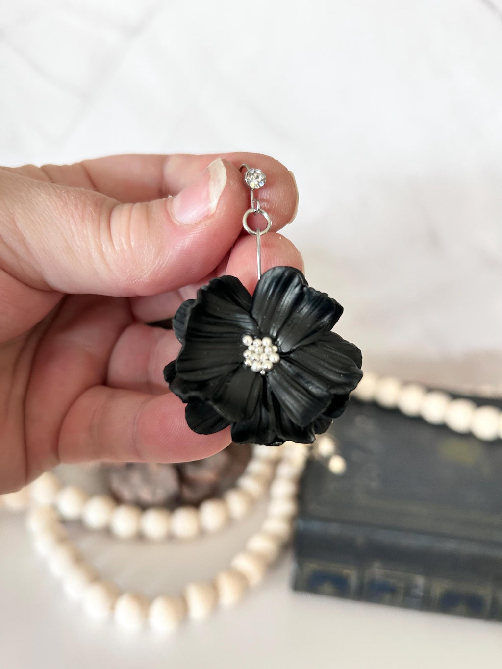 Black Dangle Flower Earrings, Big Floral Drop Dangles, Silver Rhinestone Unique Statement Jewelry Gift