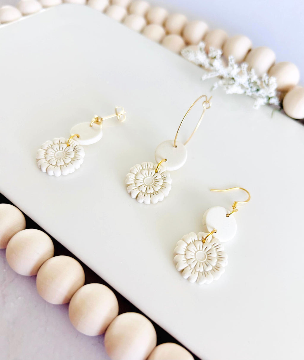 Creamy White Clay Earrings, Floral Embossed Drop Dangles, Handmade Fashion Boho Jewelry