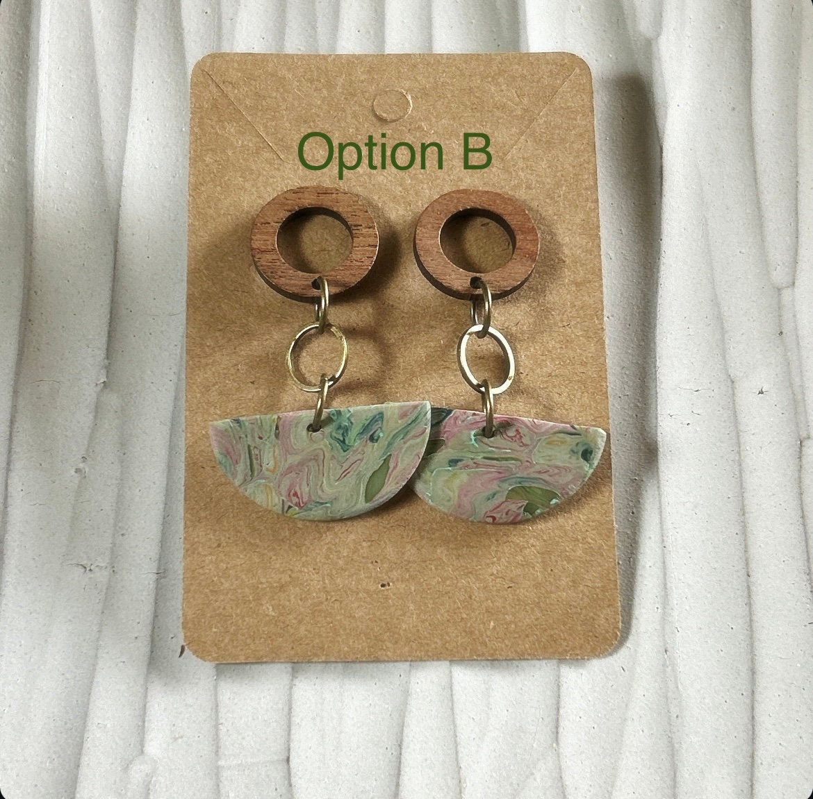 Olive Green Boho Earrings, Clay and Wood Marbled Dangles, Handmade Jewelry Gift For Her