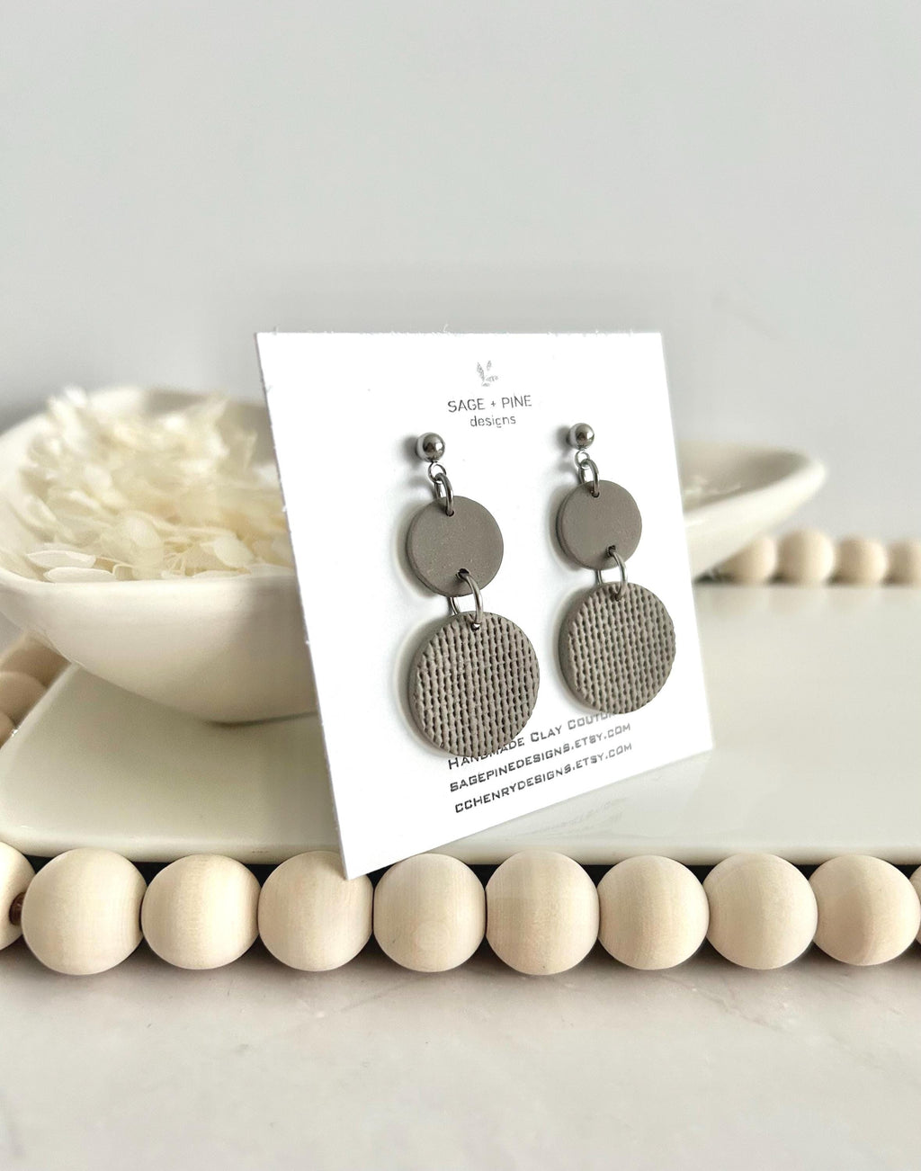 Khaki Clay Dangle Earrings, Neutral Casual Drop Dangles, Handmade Jewelry