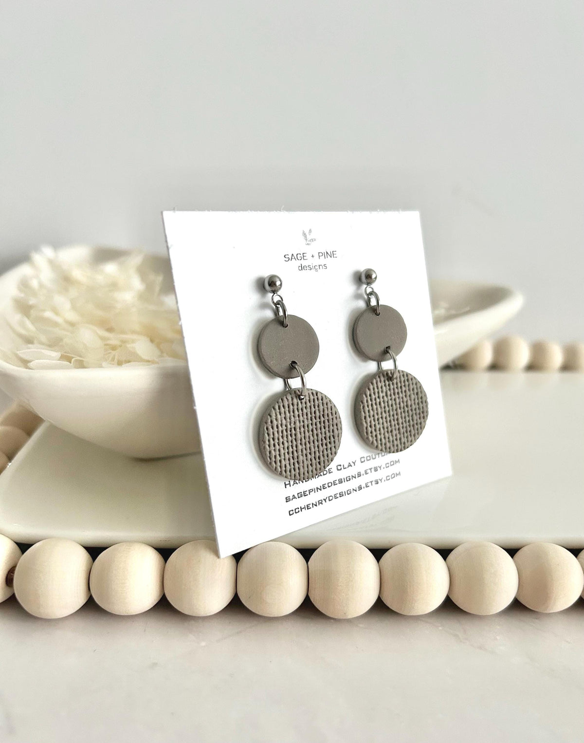 Khaki Clay Dangle Earrings, Neutral Casual Drop Dangles, Handmade Jewelry