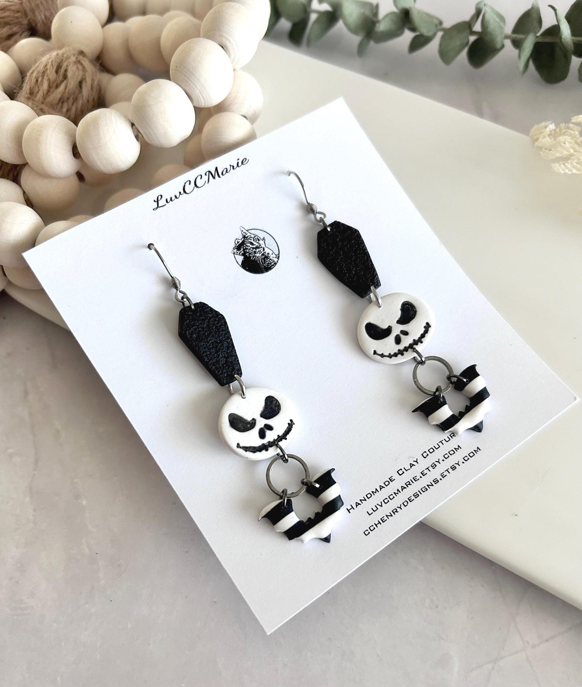 Handmade Clay Halloween Earrings, Black and White Skull Dangles, Jack Coffin Bat