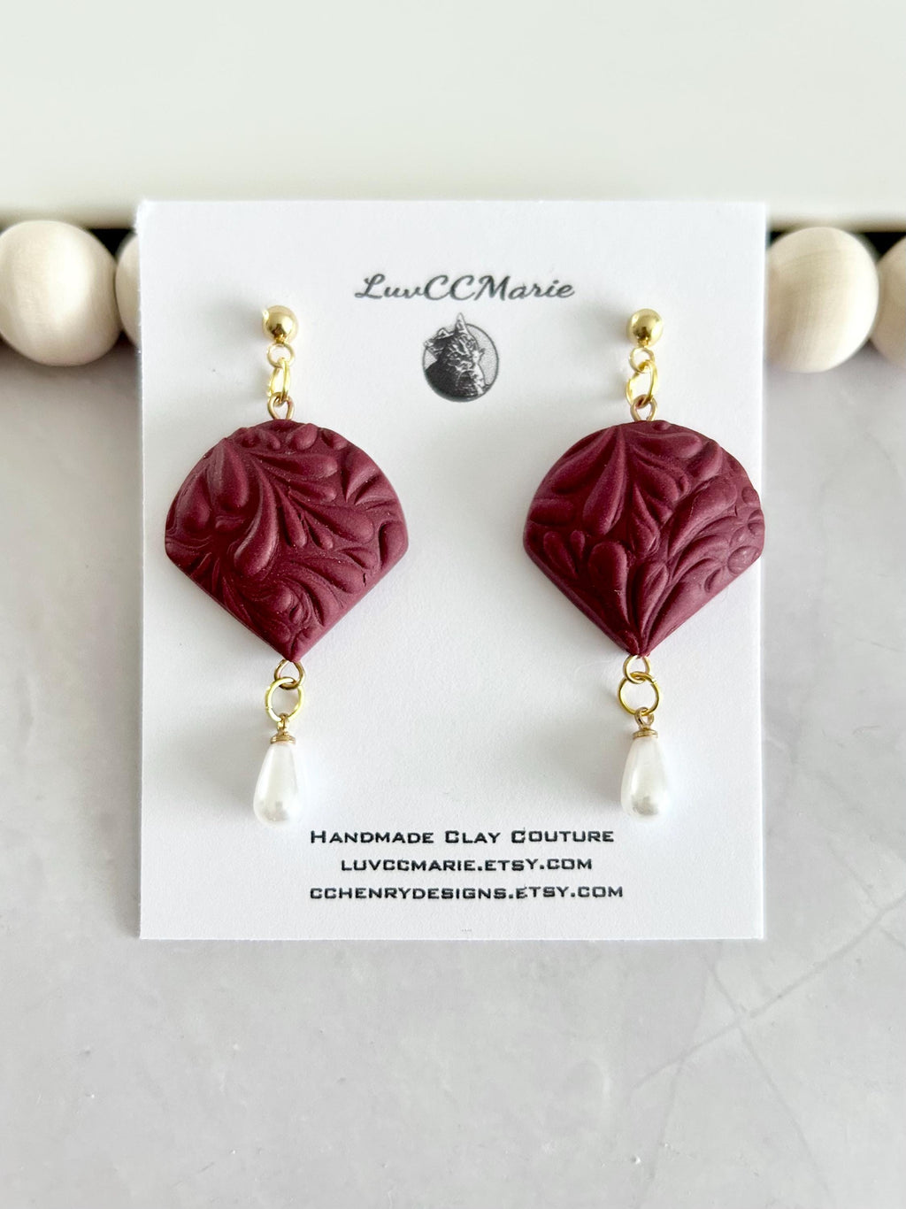 Dark Red or Matte Black Pearl Earrings, Clay and Gold Floral Jewelry Handmade Gift