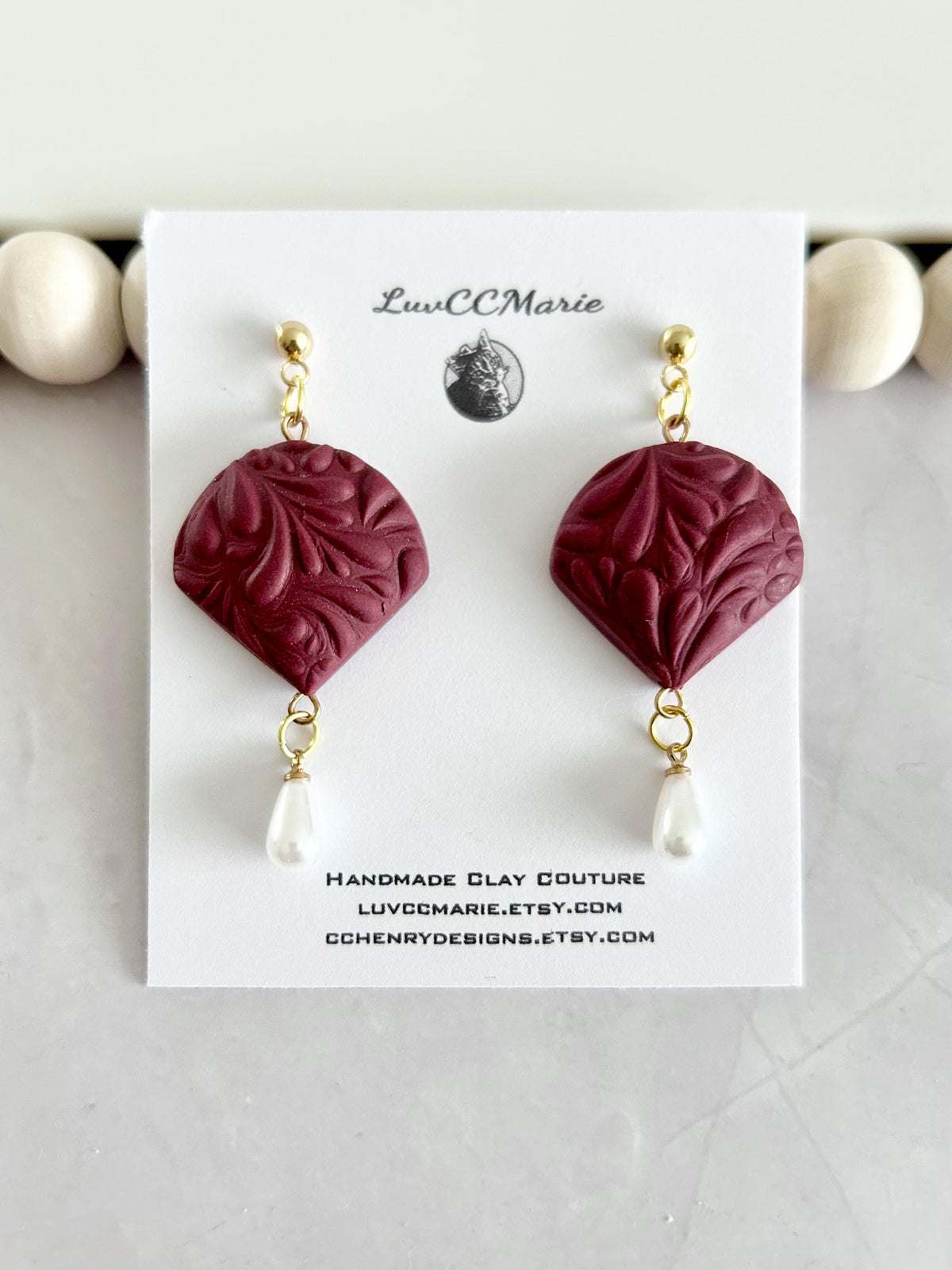 Dark Red or Matte Black Pearl Earrings, Clay and Gold Floral Jewelry Handmade Gift