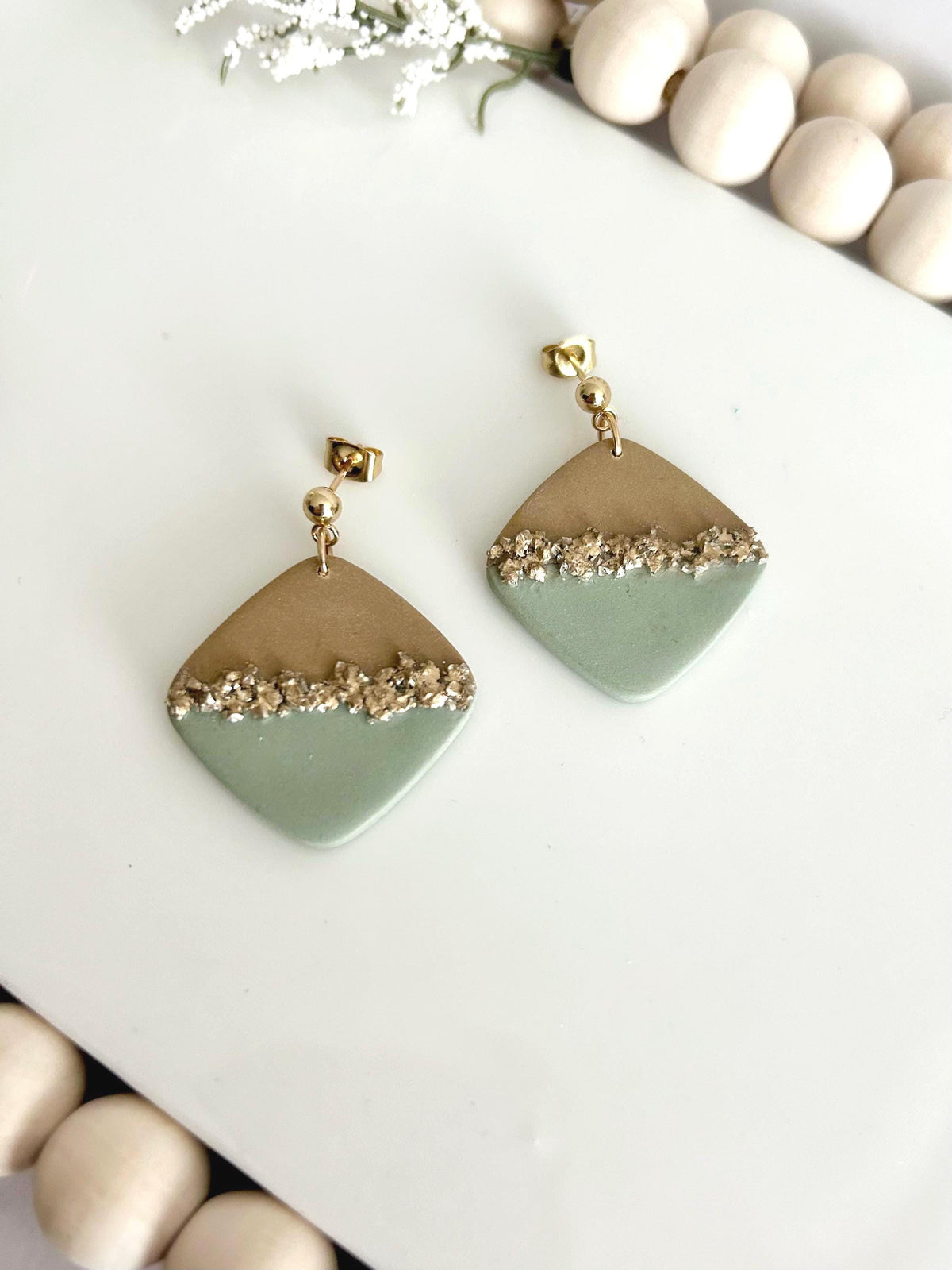 Sage & Latte Dangles, Clay and Glass Dangle Earrings, Neutral Hoops, Handmade Fashion Boho Jewelry